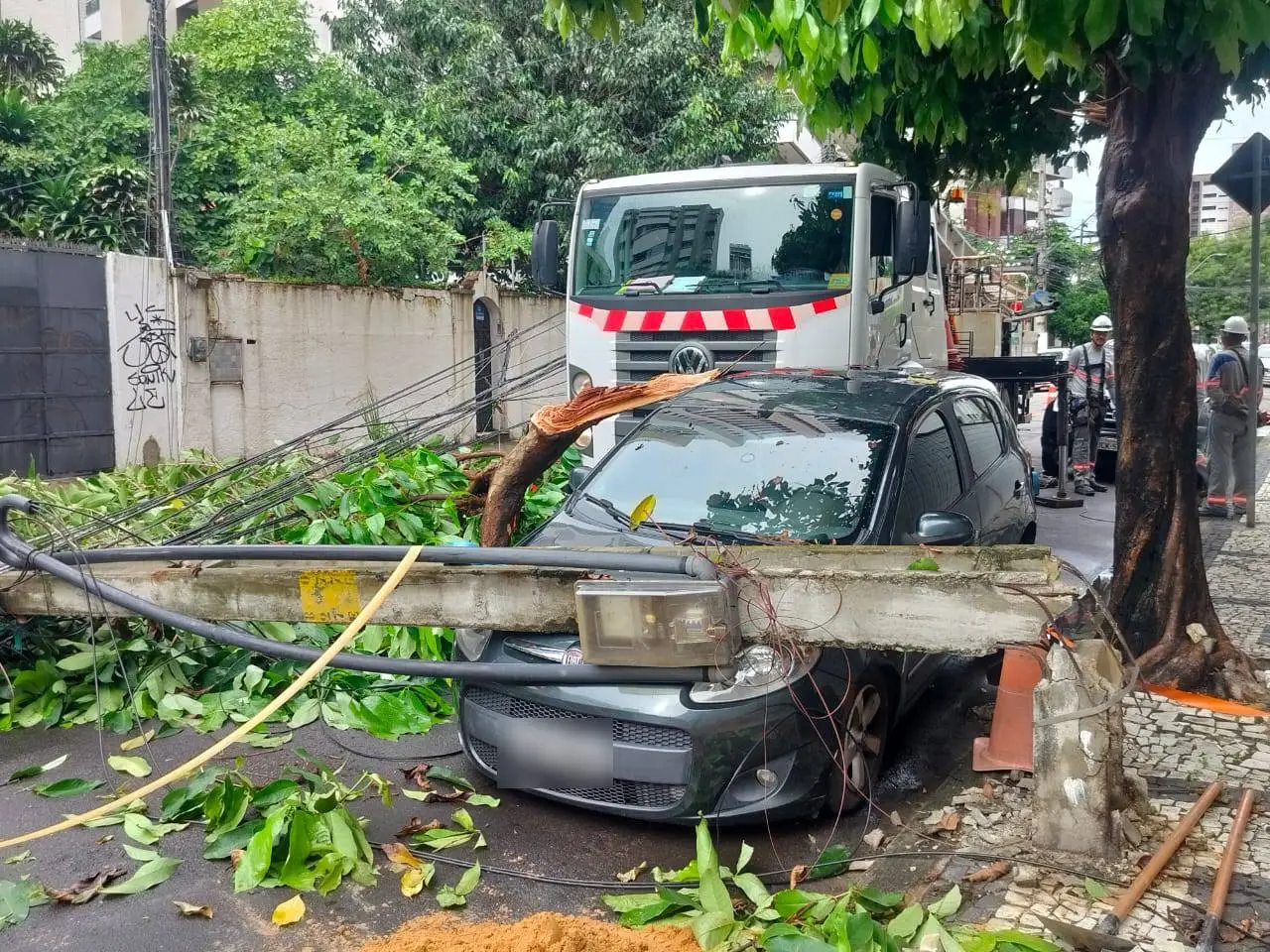 Chuva causa queda de árvore e poste no Meireles, em Fortaleza; carro foi atingido