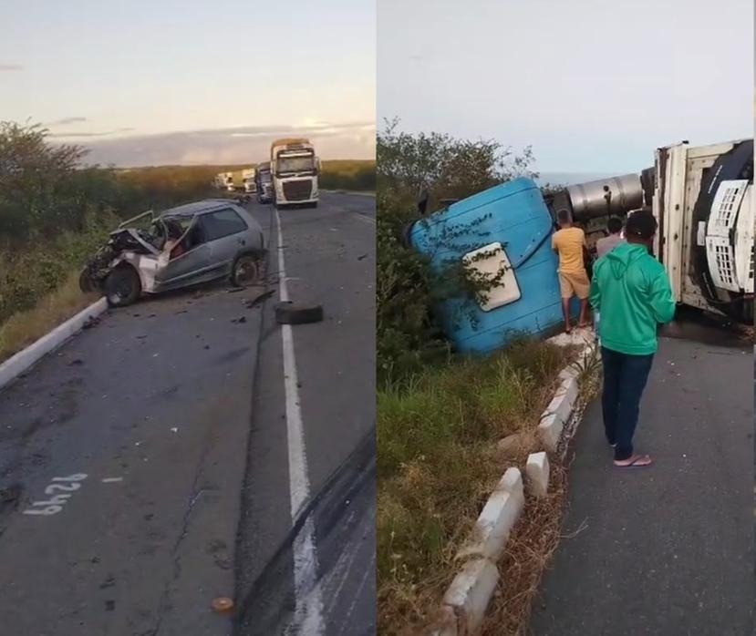 Acidente entre carro e carreta deixa um morto e interdita BR-116 em Jaguaribe