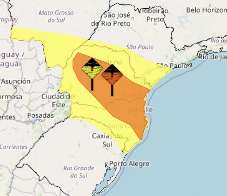 Terça tem alerta laranja para temporal entre Santa Catarina e Paraná; veja previsão