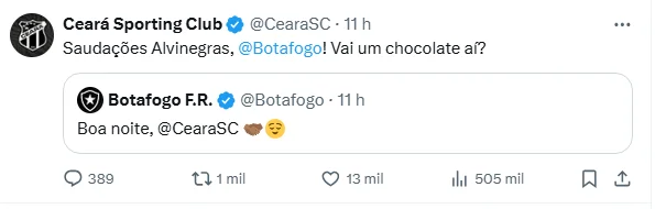 Ceará brinca com Botafogo nas redes sociais após goleada no Fortaleza