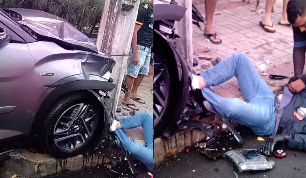 Acidente: carro avança preferencial, bate em moto e se choca contra poste em Fortaleza