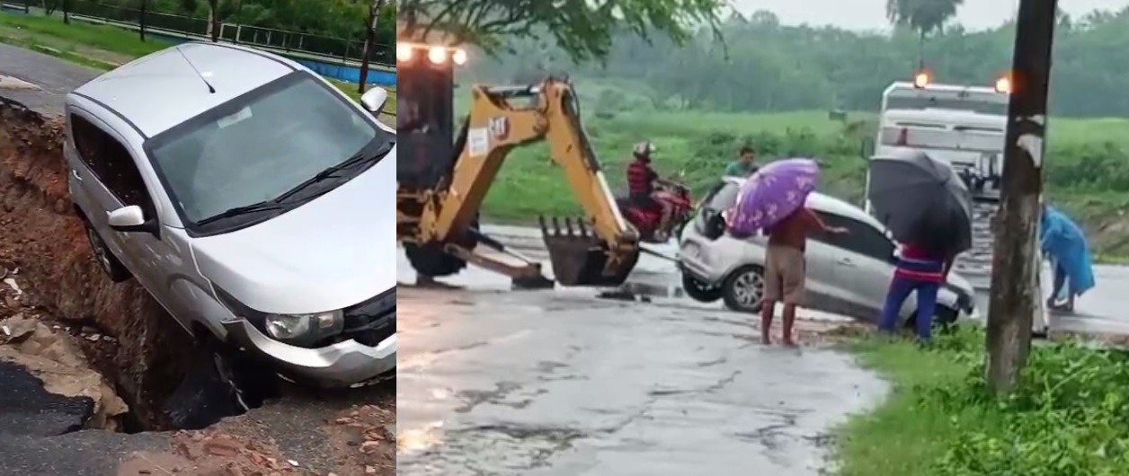 Carro cai em canal em Maracanaú, no Ceará, após chuva