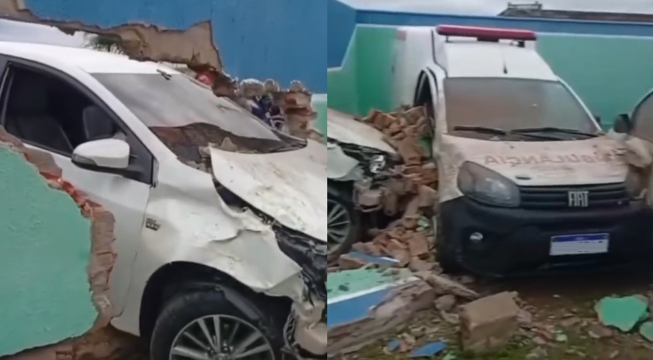 Carro derruba muro de hospital e bate em duas ambulâncias no interior do Ceará