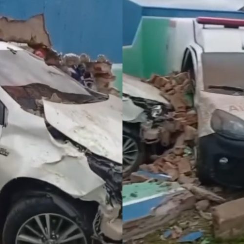 Carro derruba muro de hospital e bate em duas ambulâncias no interior do Ceará