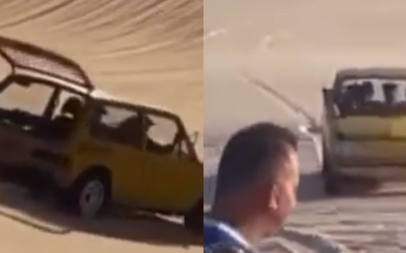 Carro modelo Brasília desce mesma duna em que picape “voou” em Canoa Quebrada, no Ceará