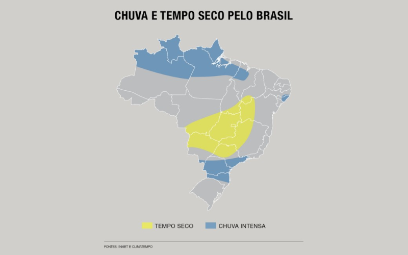 Chuva forte e estiagem dividem Brasil em climas opostos