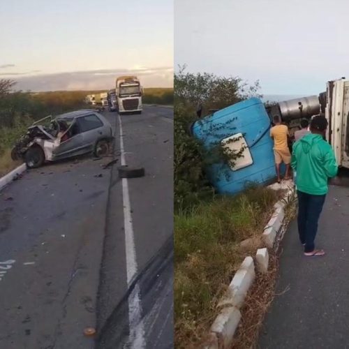Acidente entre carro e carreta deixa um morto e interdita BR-116 em Jaguaribe; PRF orienta desvios