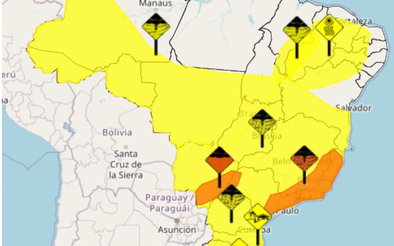 Grande parte do país segue sob alerta amarelo para chuvas intensas nesta quinta