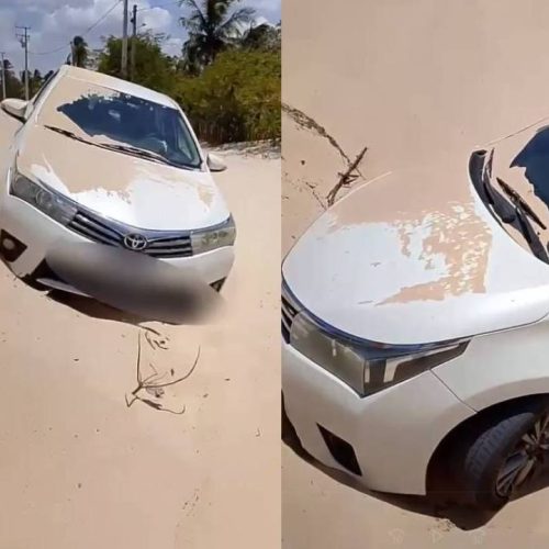 Carro colide com duna e atola em areia acumulada sobre rodovia estadual em Barroquinha, no Ceará