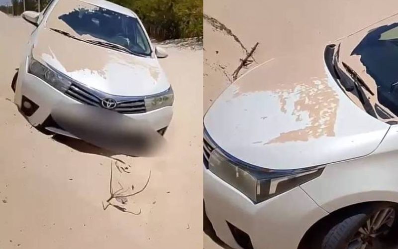 Carro colide com duna e atola em areia acumulada sobre rodovia estadual em Barroquinha, no Ceará