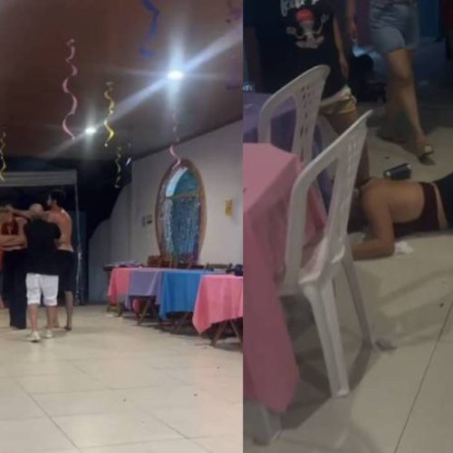 Mulher cai no chão após ser agredida no rosto pelo ex durante confraternização em Ubajara, no Ceará